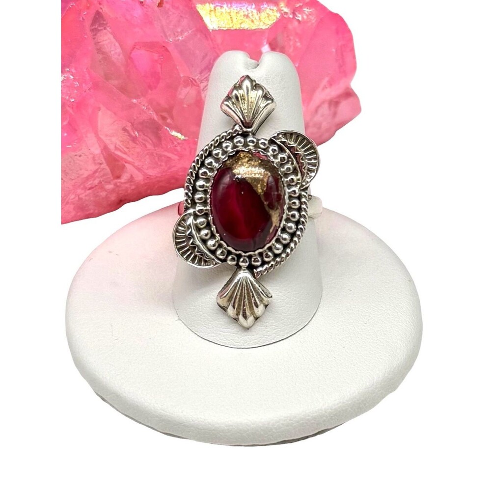Red Rose Dahlia Kingman Turquoise Ring 925 Sterling Silver Adjustable Size 7 - 9
